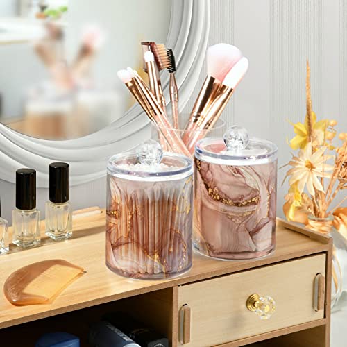 WELLDAY Apothecary Jars Bathroom Storage Organizer with Lid - 14 oz Qtip Holder Storage Canister, Gold Pink Marble Texture Clear Plastic Jar for Cotton Swab, Cotton Ball, Floss Picks, Makeup Sponges,H