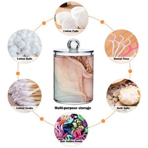 WELLDAY Apothecary Jars Bathroom Storage Organizer with Lid - 14 oz Qtip Holder Storage Canister, Gold Pink Marble Texture Clear Plastic Jar for Cotton Swab, Cotton Ball, Floss Picks, Makeup Sponges,H