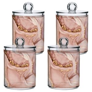 WELLDAY Apothecary Jars Bathroom Storage Organizer with Lid - 14 oz Qtip Holder Storage Canister, Gold Pink Marble Texture Clear Plastic Jar for Cotton Swab, Cotton Ball, Floss Picks, Makeup Sponges,H