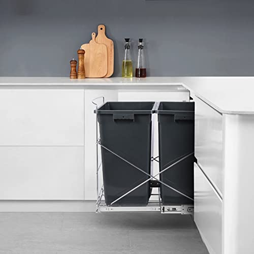 Glolaurge Pull Out Trash Can Under Cabinet (Cans Not Included), Adjustable Sliding Garbage Can Shelf, Dual Recycling Bins Hardware for Kitchen Cabinet