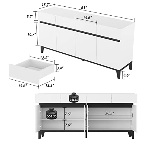 DiDuGo White and Black Credenza Sideboard Buffet with Drawers & Doors, Sideboard Buffet Cabinet with Adjustable Shelves, Metal Legs, for Hallway (63”W x 15.74”D x 27”H)