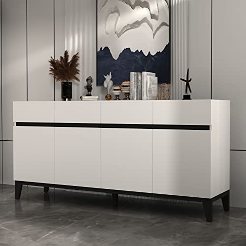 DiDuGo White and Black Credenza Sideboard Buffet with Drawers & Doors, Sideboard Buffet Cabinet with Adjustable Shelves, Metal Legs, for Hallway (63”W x 15.74”D x 27”H)