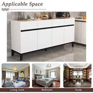 DiDuGo White and Black Credenza Sideboard Buffet with Drawers & Doors, Sideboard Buffet Cabinet with Adjustable Shelves, Metal Legs, for Hallway (63”W x 15.74”D x 27”H)