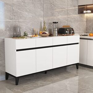 DiDuGo White and Black Credenza Sideboard Buffet with Drawers & Doors, Sideboard Buffet Cabinet with Adjustable Shelves, Metal Legs, for Hallway (63”W x 15.74”D x 27”H)