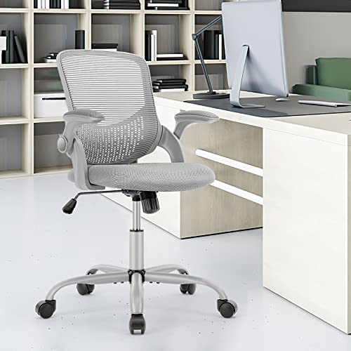 JHK Ergonomic Computer Mesh Home Office Desk Armrests, Rolling Swivel Chair with Lumbar Support Height Adjustable, Grey, Flip-up Arms