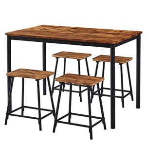 vecelo 5 piece dining table set for 4-6 persons rectangular bar dinette metal and wood kitchen furniture with 4 stools for breakfast nook, restaurant, living room, space saving, industrial brown