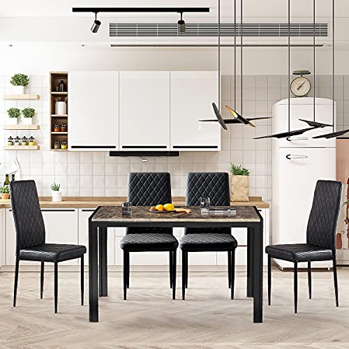 DKLGG Dining Table Set for 4, 5-Piece Kitchen Table Set, Faux Marble Kitchen Table, and 4 PU Leather Upholstered Chairs, Space Saving Dining Room Table Set for Small Spaces, Restaurant