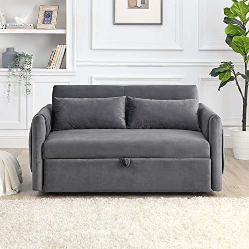 LUCKHAO Convertible Sofa Bed,Pull Out Sleeper Bed Modern Velvet Loveseat Sofa Couch with Adjsutable Back and Arm Pockets,55" Sleeper Sofa with 2 Lumbar Pillows for Living Room,Small Spaces(Grey)