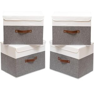 outbros foldable storage boxes with lids,large linen fabric foldable storage boxes organizer,closet organizers for clothes storage, office storage 15 x 9.8 x 9.8 inch,white/grey,4-pack