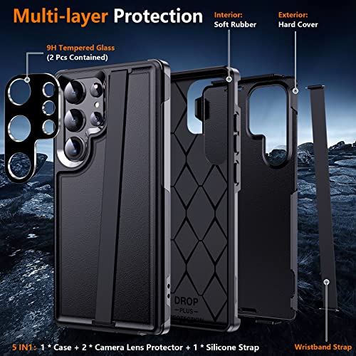 MOZOTER Samsung Galaxy S23 Ultra Case: Military-Grade Protection, Non-Slip Heavy-Duty Cover, Camera Lens Protectors & Silicone Strap - 6.8" Black