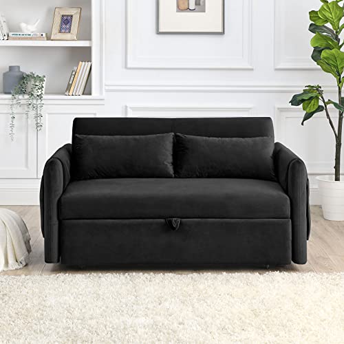 LUCKHAO Convertible Sofa Bed,Pull Out Sleeper Bed Modern Velvet Loveseat Sofa Couch with Adjsutable Back and Arm Pockets,55" Sleeper Sofa with 2 Lumbar Pillows for Living Room,Small Spaces(Black)