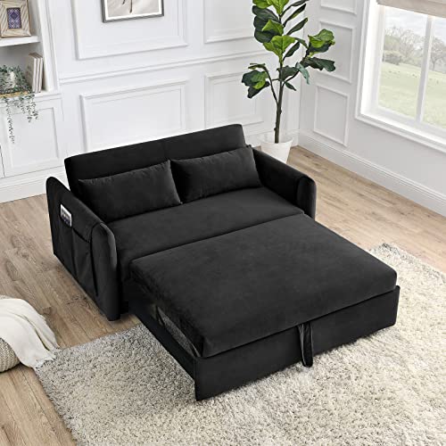 LUCKHAO Convertible Sofa Bed,Pull Out Sleeper Bed Modern Velvet Loveseat Sofa Couch with Adjsutable Back and Arm Pockets,55" Sleeper Sofa with 2 Lumbar Pillows for Living Room,Small Spaces(Black)