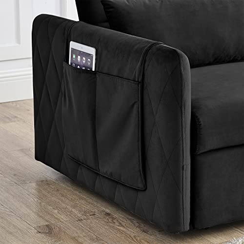 LUCKHAO Convertible Sofa Bed,Pull Out Sleeper Bed Modern Velvet Loveseat Sofa Couch with Adjsutable Back and Arm Pockets,55" Sleeper Sofa with 2 Lumbar Pillows for Living Room,Small Spaces(Black)