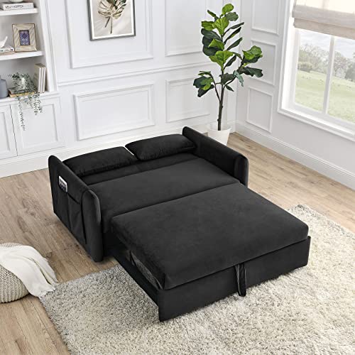 LUCKHAO Convertible Sofa Bed,Pull Out Sleeper Bed Modern Velvet Loveseat Sofa Couch with Adjsutable Back and Arm Pockets,55" Sleeper Sofa with 2 Lumbar Pillows for Living Room,Small Spaces(Black)