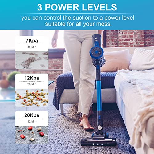 EIOEIR Cordless Stick Vacuum Cleaner with High Efficiency Filtration, Versatilet Lightweigh Vac for Hardwood Floors, Up to 45 Min Run Time, 3 Power Modes, Blue