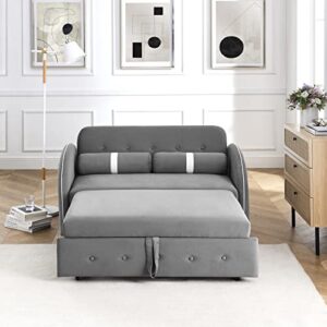 Ucloveria Convertible Sleeper Sofa Bed, Loveseat Futon Sofa Couch w/Pull Out Bed w/ 2 Side Pockets, Creative Curved Armrest Velvet Adjustable Backrest with 2 Pillows for Living Room, Grey