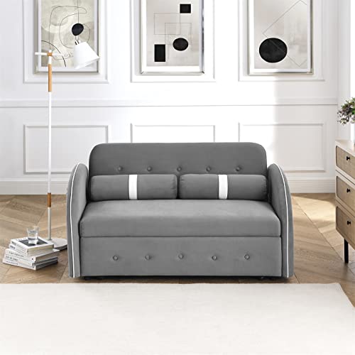 Ucloveria Convertible Sleeper Sofa Bed, Loveseat Futon Sofa Couch w/Pull Out Bed w/ 2 Side Pockets, Creative Curved Armrest Velvet Adjustable Backrest with 2 Pillows for Living Room, Grey