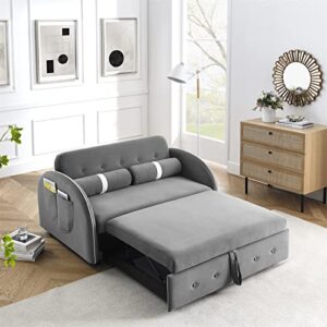 Ucloveria Convertible Sleeper Sofa Bed, Loveseat Futon Sofa Couch w/Pull Out Bed w/ 2 Side Pockets, Creative Curved Armrest Velvet Adjustable Backrest with 2 Pillows for Living Room, Grey