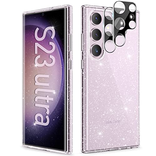 HORTUNE for Samsung Galaxy S23 Ultra Case Glitter,with 2 Camera Lens Protector,[Not Yellowing] Crystal Shockproof Case,Slim Phone Cover Woman for S23 Ultra 6.8" 2023 (Clear Bling)