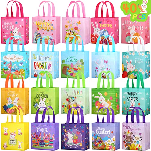 Easter Tote Bags with Handles Bunny Non Woven Bags Reusable Easter Bags with Handles Easter Bags Bulk Easter Grocery Shopping Bag Kitchen Reusable Grocery Bags for Easter Party Favors (40 Pieces)