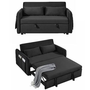 ucloveria convertible sleeper sofa bed, pull out couch bed with 2 detachable arm pockets, adjustable velvet loveseat futon sofa couch for living room bedroom, 55" 2-seater lounge sofa,black