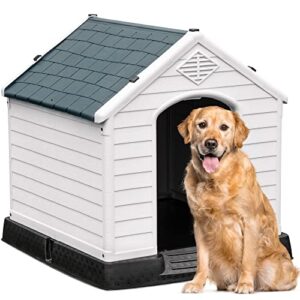 yitahome large plastic dog house outdoor indoor insulated doghouse puppy shelter water resistant easy assembly sturdy dog kennel with air vents and elevated floor (41''l*38''w*39''h, blue)