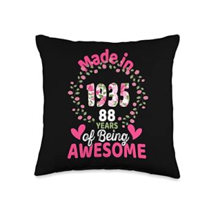 Awesome Since 1935 birthday gifts 88 Yrs Old 88 Years Old 88th Birthday Born in 1935 Women Girls Floral Throw Pillow, 16x16, Multicolor