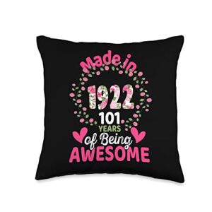 awesome since 1922 birthday gifts 101 yrs old 101 years old 101st birthday born in 1922 women girls floral throw pillow, 16x16, multicolor