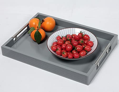 Serving Tray with Polished Metal Handles, 16.5''x12'' Rectangle Coffee Table Tray, Modern Decorative Tray, Large Ottoman Tray, Perfect for Storage and Display (Grey)