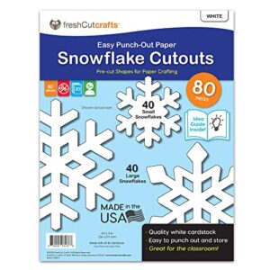 freshcut crafts | 80 pieces snowflake paper cutouts with idea guide, 2-sided us made card stock punch out white snowflakes for bulletin boards, classroom decor, and winter crafts