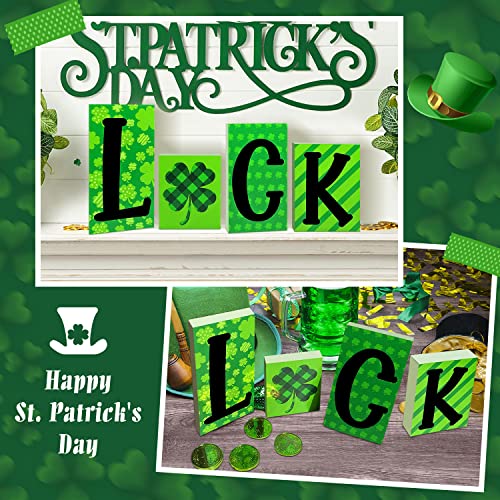 St Patricks Day Decorations Tiered Tray Decor 4 PCS, Reversible Luck and Love Table Wooden Sign Decor, Self Standing Blocks Table Centerpiece Decor for The Home and Tray