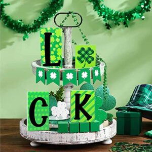 St Patricks Day Decorations Tiered Tray Decor 4 PCS, Reversible Luck and Love Table Wooden Sign Decor, Self Standing Blocks Table Centerpiece Decor for The Home and Tray