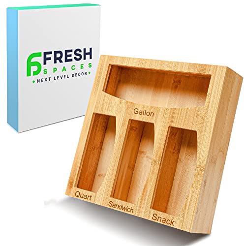 FreshSpaces- Ziplock Bag Organizer for Drawer - Bamboo Kitchen Food Storage Bag Organizer Holder, Gallon Quart Snack and Sandwich Baggie Organizer Compatible with Ziploc