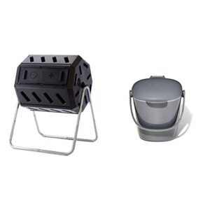 fcmp outdoor im4000 dual chamber tumbling composter (black) & oxo good grips easy-clean compost bin - charcoal - 0.75 gal/2.83 l