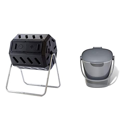 FCMP Outdoor IM4000 Dual Chamber Tumbling Composter (Black) & OXO Good Grips Easy-Clean Compost Bin - Charcoal - 0.75 Gal/2.83 L