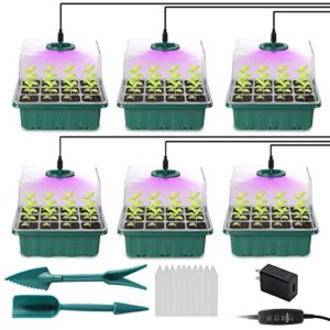 kirumie seed starter tray with grow light, 6pcs seed starter kit, seedling starter trays with humidity domes, plant germination trays with timing controller for greenhouse(12 cells per tray)