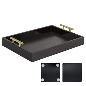 huibaite modern serving tray, deluxe tray for coffee table with polished gold metal handles and 2 coasters, living room bathroom organizer modern decorative tray, for storage or display (black)