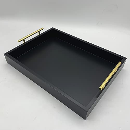 Huibaite Modern Serving Tray, Deluxe Tray for Coffee Table with Polished Gold Metal Handles and 2 Coasters, Living Room Bathroom Organizer Modern Decorative Tray, for Storage Or Display (Black)