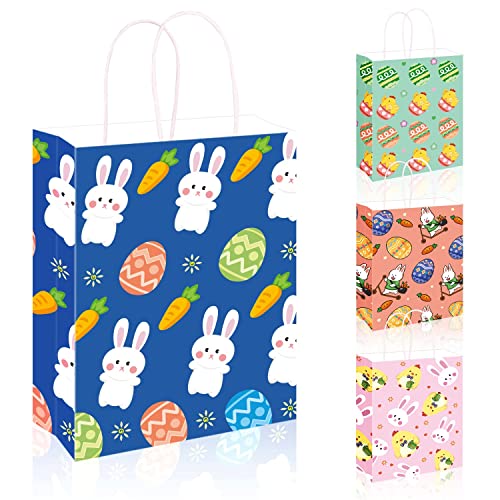 KINQKESO 24 PCS Easter Gift Bags,Easter Bags with Handle for Party Favor,Happy Easter Eggs Bunny Tote Gift Bags Kraft Paper Candy Goodie Treat Bags Bulk for Kids Easter Party Favor Supplies