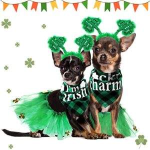 6 Pcs Dog St Patrick's Day Costume Pet Green Shamrock Headbands Dog Tutu Skirts and Buffalo Plaid Pet Bandanas Dog Dress Tutu Clover Headbands for St. Patrick's Day Pets Dogs Accessories Photo Props