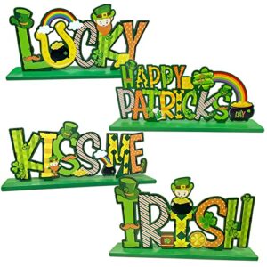 4pcs st. patrick's day wooden table sign decorations lucky shamrock irish themed tabletop centerpiece signs for home office party supplies