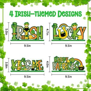 4Pcs St. Patrick's Day Wooden Table Sign Decorations Lucky Shamrock Irish Themed Tabletop Centerpiece Signs for Home Office Party Supplies