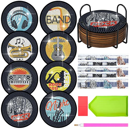 8 Pcs Diamond Art Coasters Retro Record Coasters Diamond Painting Coasters with Holder DIY Retro 80s Record Coasters Disk Coasters Diamond Painting Kits for Adults Kids Music Lovers Drink Table Gifts