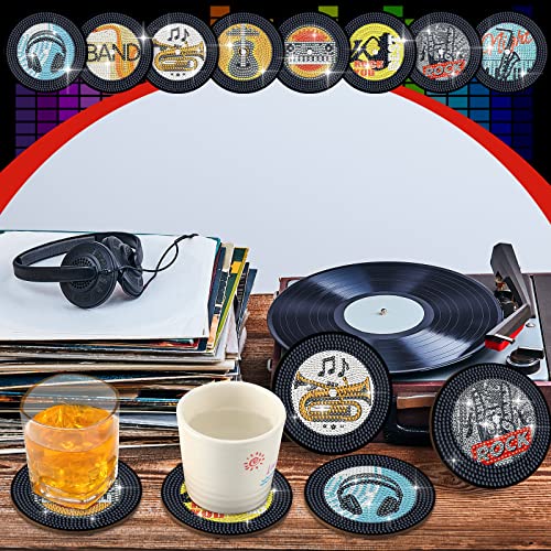 8 Pcs Diamond Art Coasters Retro Record Coasters Diamond Painting Coasters with Holder DIY Retro 80s Record Coasters Disk Coasters Diamond Painting Kits for Adults Kids Music Lovers Drink Table Gifts