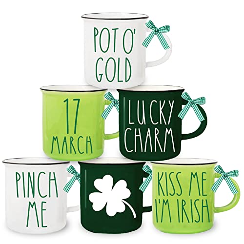 Whaline 6Pcs St. Patrick's Day Mini Coffee Mug with Ribbon Shamrock St. Patrick's Day Mini Mug Green White Lucky Clover Tiered Tray Decor for Irish Holiday Table Centerpieces Decor Housewarming Gift