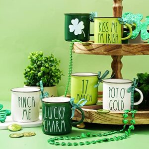 Whaline 6Pcs St. Patrick's Day Mini Coffee Mug with Ribbon Shamrock St. Patrick's Day Mini Mug Green White Lucky Clover Tiered Tray Decor for Irish Holiday Table Centerpieces Decor Housewarming Gift