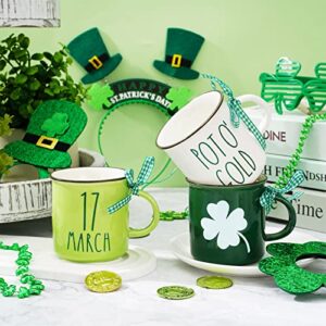 Whaline 6Pcs St. Patrick's Day Mini Coffee Mug with Ribbon Shamrock St. Patrick's Day Mini Mug Green White Lucky Clover Tiered Tray Decor for Irish Holiday Table Centerpieces Decor Housewarming Gift