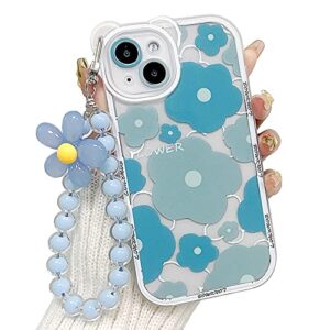 nititop compatible for iphone 13 case clear floral bear camera lens case with lovely flower bracelet chain for women girls, soft tpu shockproof cover-blue