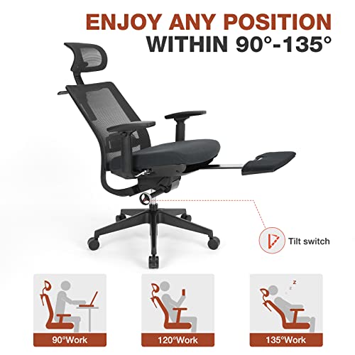 Home Office Desk Chair Ergonomic High Back Office Chair Mesh Office Chair Reclining Computer Chair Swivel Rolling Task Chair with Wheets, Coat Hanger and Adjustable Headrest Armrest, Grey