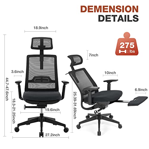 Home Office Desk Chair Ergonomic High Back Office Chair Mesh Office Chair Reclining Computer Chair Swivel Rolling Task Chair with Wheets, Coat Hanger and Adjustable Headrest Armrest, Grey